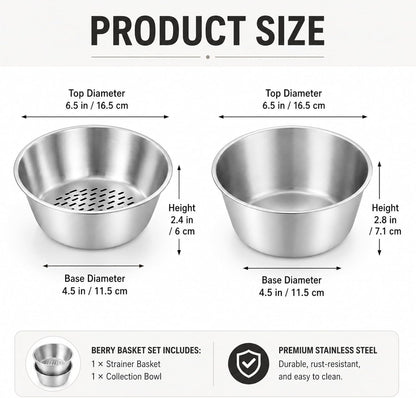 2 Set Berry Baskets,316 Stainless Steel Strainer Set,Fruit Washing Bowl with Strainer,Small Metal Colander for Berries, Strawberry, Grape, Cherry, Dishwasher Safe