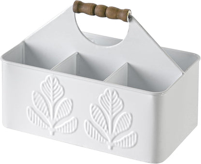 Silverware Caddy for Party Kitchen Flatware Holder for Countertop Metal White Plant Pattern Embossed Cutlery Organizer with 4 Compartments for Utensils, Spoons, Knives, Forks