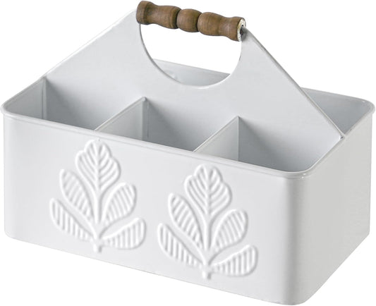 Silverware Caddy for Party Kitchen Flatware Holder for Countertop Metal White Plant Pattern Embossed Cutlery Organizer with 4 Compartments for Utensils, Spoons, Knives, Forks