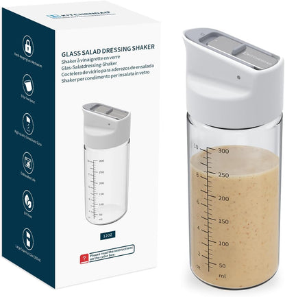 KITCHENDAO Glass Salad Dressing Shaker Bottle, 350ml, with Measuring Marks