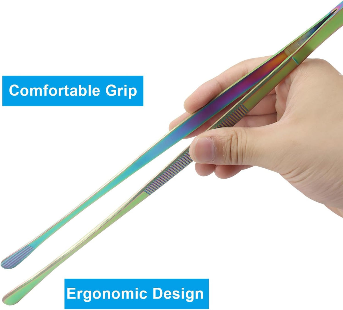 2 Pcs Stainless Steel Tweezers Tongs, 12 Inch Extra-Long Tweezers with Precision Serrated Tips for Kitchen Cooking, Baking, Garden (Rainbow)