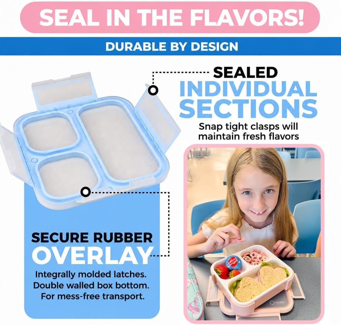 kinsho Medium Bento Boxes for Kids, Lunch Box for Boys Girls Toddler Adults, Leak-Proof 3 Compartment Containers for Meal or Snack at School Daycare Work Travel, BPA Free 2 Pack (Pastel Blue + Pink)