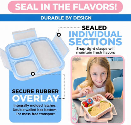 kinsho Medium Bento Boxes for Kids, Lunch Box for Boys Girls Toddler Adults, Leak-Proof 3 Compartment Containers for Meal or Snack at School Daycare Work Travel, BPA Free 2 Pack (Pastel Blue + Pink)