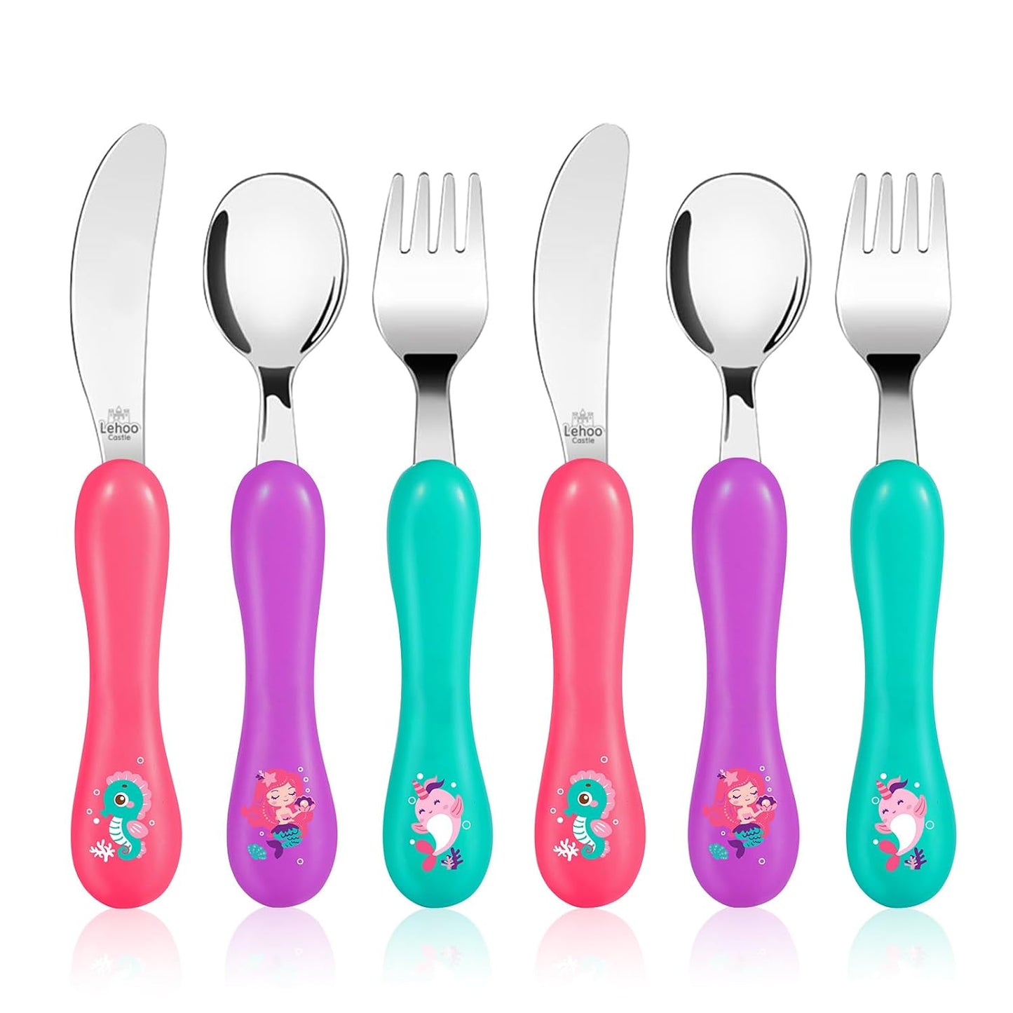 Lehoo Castle 6 Pieces Toddler Utensils, Kids Silverware for 2 3 4 Years Old, Stainless Steel Fork and Spoon Set with Plastic Handle, Safe Toddler Cutlery (Dinosaur)