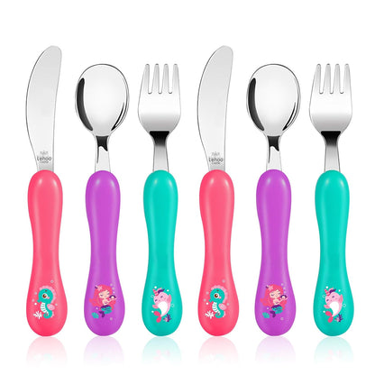 Lehoo Castle 6 Pieces Toddler Utensils, Kids Silverware for 2 3 4 Years Old, Stainless Steel Fork and Spoon Set with Plastic Handle, Safe Toddler Cutlery (Dinosaur)