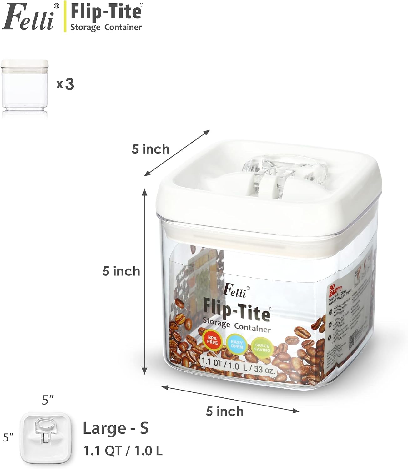 Felli Flip Tite Acrylic Food Storage Container with Lid 6” XL Air Tight Ring Seal Flip Top, Plastic Kitchen Baking Canister for 5 lb Flour Sugar Rice Protein Powder Pantry Organizer (Nest-M, White)