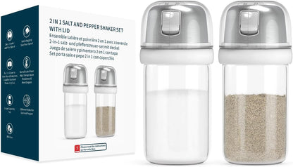 KTCHENDAO 2 in 1 Glass Salt and Pepper Shaker with Side Pour Spout, Built-in Lid for Moisture-proof, Elegant Borosilicate Glass Salt Pepper Dispenser set for Kitchen, BPA Free, 4oz (White)