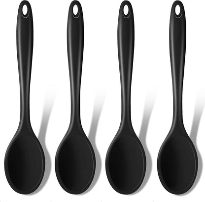 GEEKHOM Silicone Cooking Spoons, 4 Pieces 8" Heat Resistant Silicone Kitchen Utensils Set Serving Stirring Spoons for Non Stick Cooking, Mixing, Basting, Baking, Black+Red+Gray+Blue