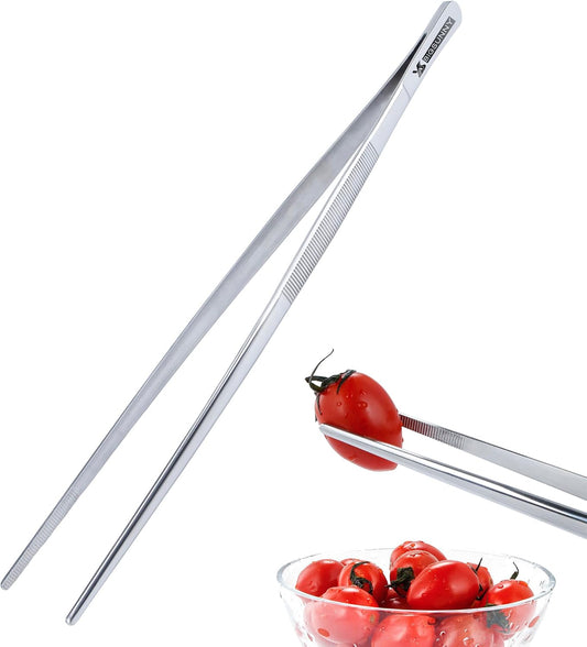 MSY BIGSUNNY Stainless Steel Kitchen Food Tweezers, 12" Fine Tweezer with Precision Serrated Tips for Cooking and Serving