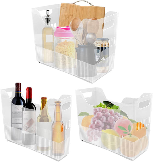 YEXEXINM 3 Pcs Freezer Organizer Bins with Wheel Clear Plastic Pantry Organizer and Storage 3 Size Tall Narrow Kitchen Organization Pantry Organizer Snack Storage Containers for Office Refrigerator