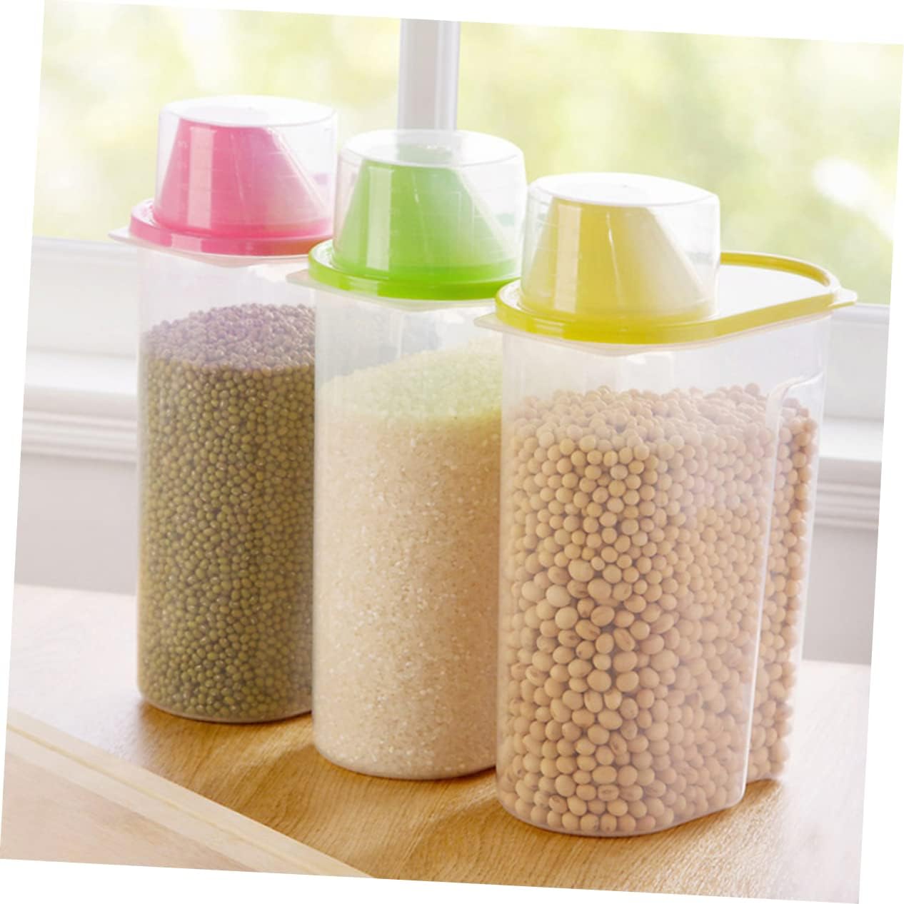 UKCOCO Clear Airtight Food Storage Container with Pour Spout and Measuring Cup Large Green Plastic Cereal Keeper for Rice Grains Beans Nuts Pantry Organization and Dampproof