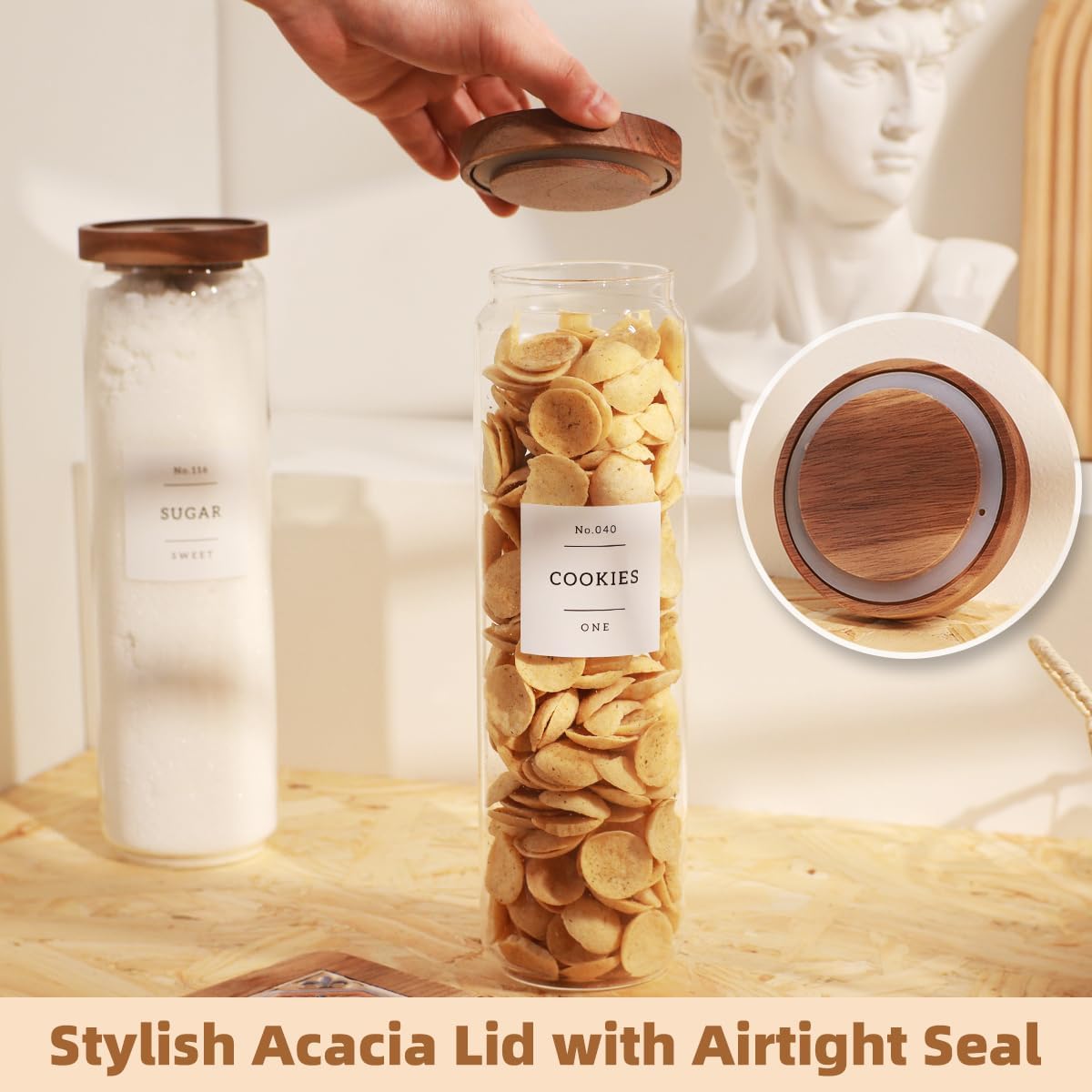 2 Pack Large Glass Flour and Sugar Storage Containers with Airtight Acacia Wood Lids and 132 Kitchen Pantey Labels Preprint - 1 Gallon Borosilicate Glass Canister Sets for Food,Pasta,Cookie,Rice
