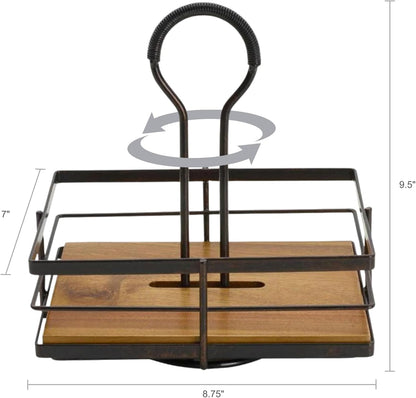 Mikasa Gourmet Basics Hanover Condiment Caddy with Rotating Caddy Organizer Design, Acacia Wood Insert - Durable, BPA-Free, Heavy-Gauge Carbon Structured Steel for Condiment Storage