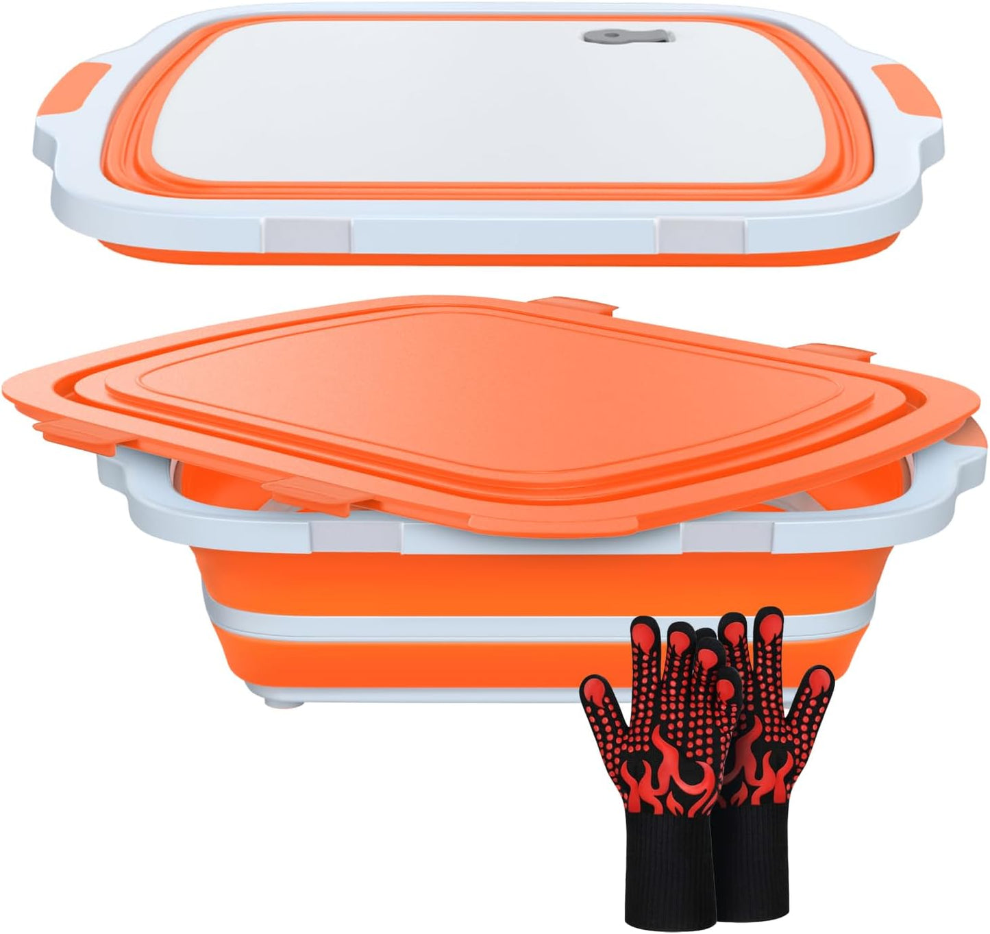 XL Collapsible BBQ Prep Tub with Cutting Board & Drain Plug – Portable Food Prep Station for Kitchen, Camping & Grill – Dishwasher Safe, Space-Saving Design – Heat-Resistant Glove Included (Black)