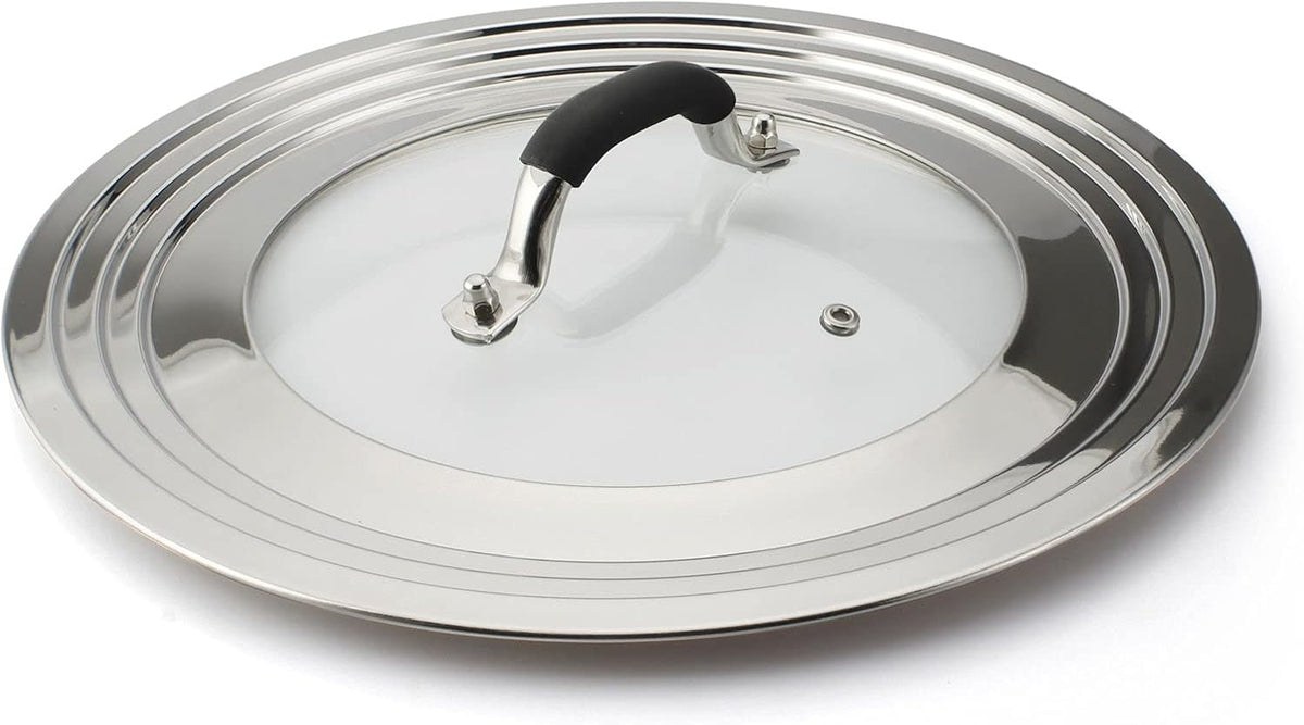 Stainless Steel Universal Lid for Pans Pots Fits 8.25 9 10 11 12 Inch Cast Iron Skillets Frying Pans Woks - Design with Heat Resistant Handle and Vent Hole - Black Handle