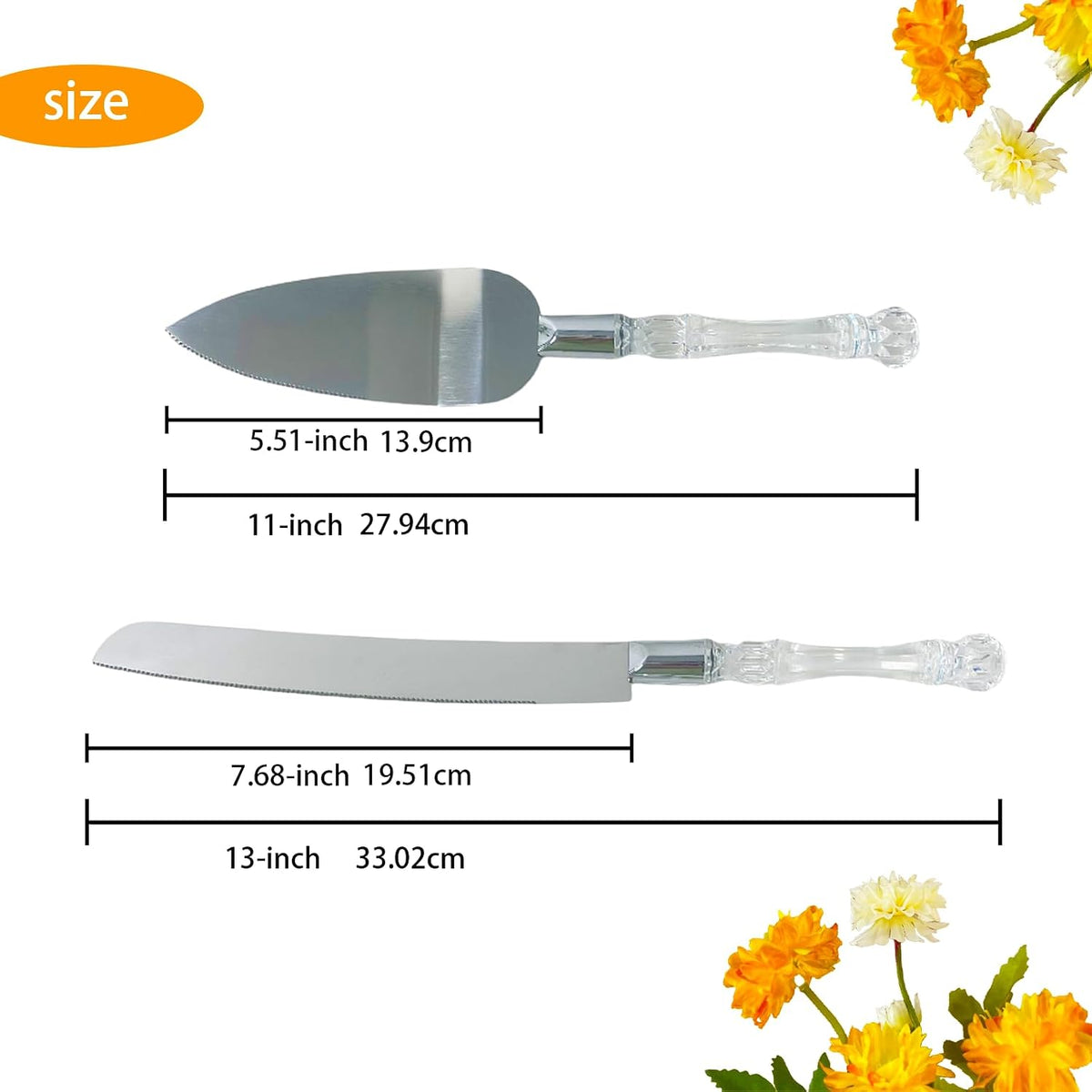 Adorox Elegant Cake Knife and Server Set - Stainless Steel with Crystal Handle - Perfect for Weddings & Anniversaries,and Special Celebrations (Sliver)