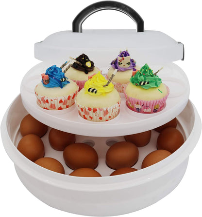 Portable Pie Cupcake Carrier with Lid and Tray 3-In-1 Round Cupcake Container Egg Holder Deviled Egg Tray Muffin Tart Cookie Food Keeper 10 Inch
