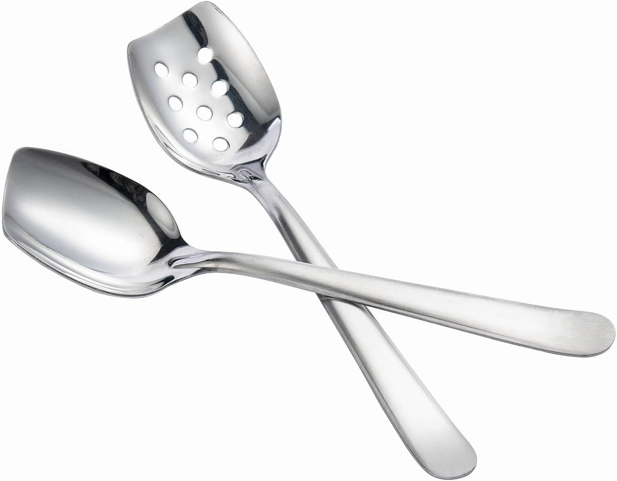 IMEEA 10 Inch Flat Bottom Scraping Cooking Spoon Set of 2, 18/8 Stainless Steel Slotted & Solid Stirring Spoon, Flat Edge Kitchen Spoon for Stir Fry, Sauce, Soup, Instant Pot