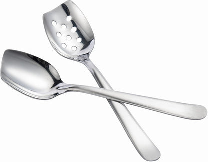 IMEEA 10 Inch Flat Bottom Scraping Cooking Spoon Set of 2, 18/8 Stainless Steel Slotted & Solid Stirring Spoon, Flat Edge Kitchen Spoon for Stir Fry, Sauce, Soup, Instant Pot