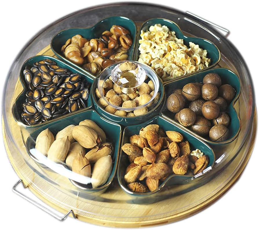 Appetizer Serving Tray with Bamboo Holder and Lid, Ceramic Divided Serving Platter with Food Picks, Relish Tray for Chips and Dip, Veggies, Candy and Snacks, Parties T
