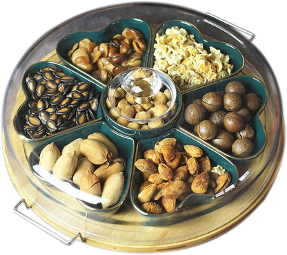 Appetizer Serving Tray with Bamboo Holder and Lid, Ceramic Divided Serving Platter with Food Picks, Relish Tray for Chips and Dip, Veggies, Candy and Snacks, Parties T