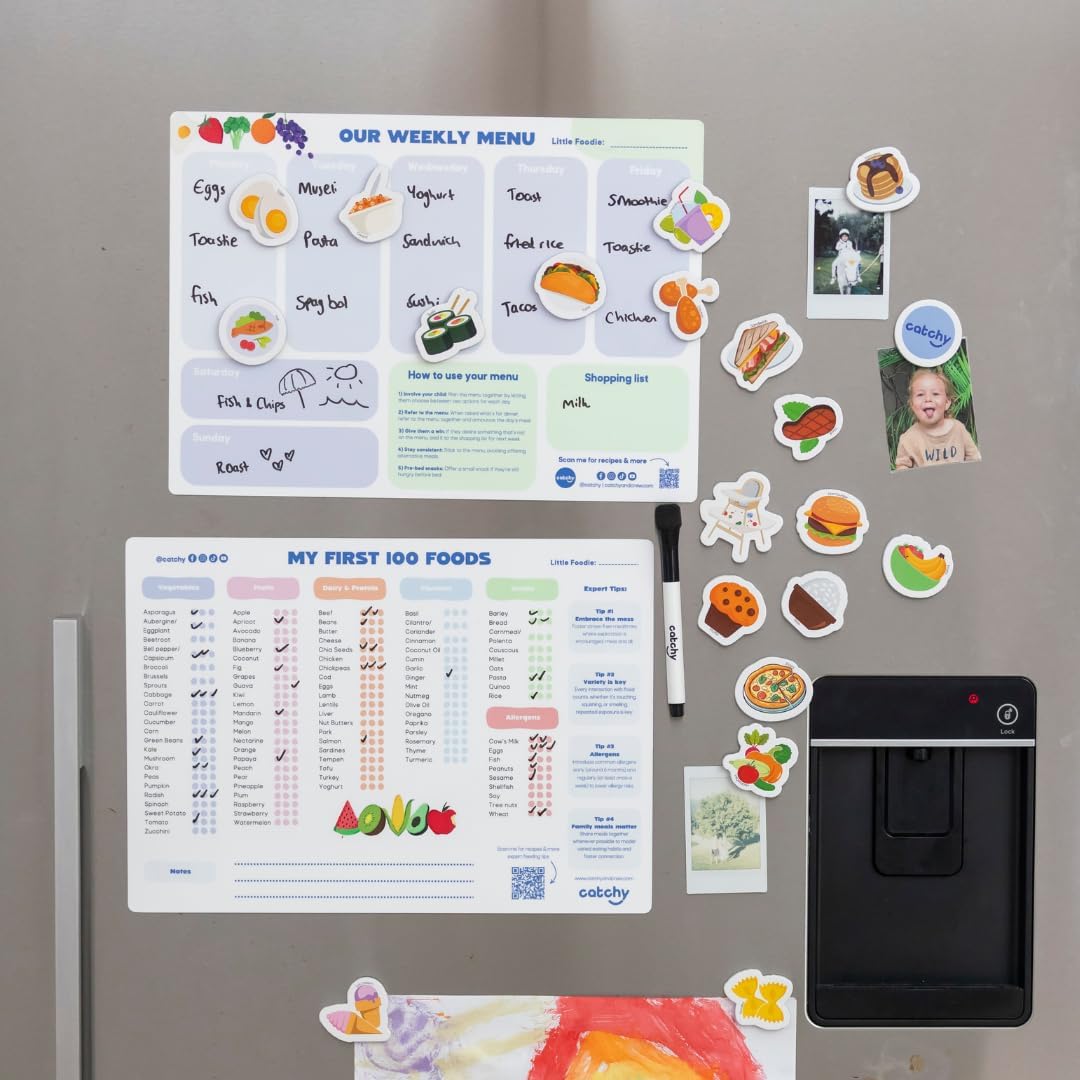 CATCHY - My First 100 Foods Tracker + Our Weekly Menu Set - 1 Magnetic Whiteboard Checklist, 1 Food Planner, 20 Fridge Magnets + 1 Marker - For Introducing Solids & Weekly Meal Planning - Reusable