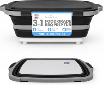 BBQ Prep Tub 8L - Multifunctional Collapsible Camping Cutting Board with Upgraded Locking lid, Meat Storage Container for Meal Prep, Dish Basin Bowl Perfect for Grilling Outdoor Cooking Large