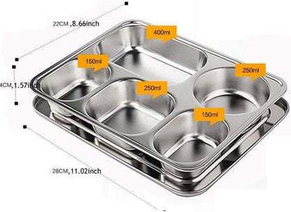 Set of 2 Stainless Steel Rectangular Divided Plates Tray 5 Sections Dinner Plates for Adults - Unbreakable Metal Plate for Campers, and Portion Control Reusable Plate