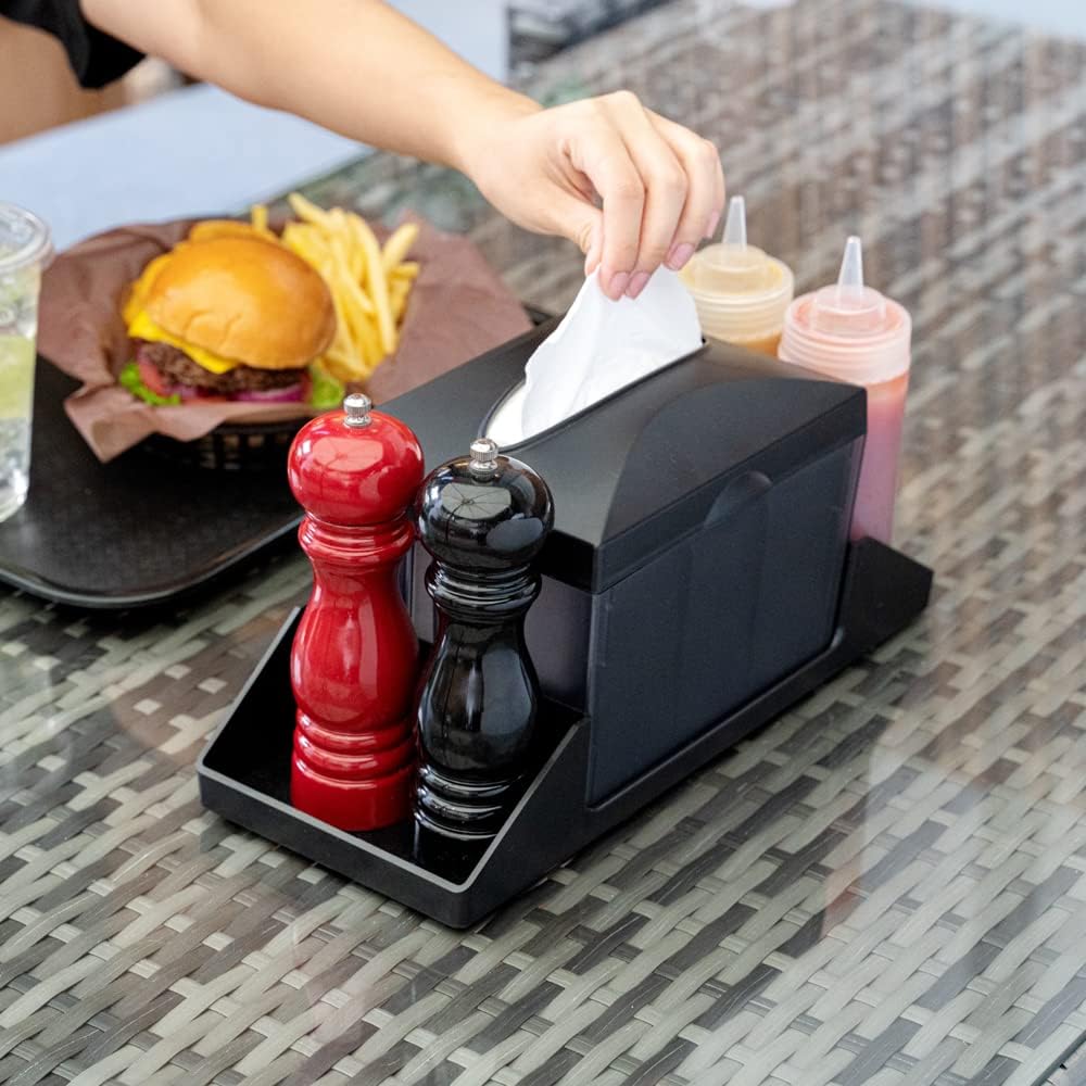 Restaurantware Bar Lux 7.9 Inch x 5.5 Inch Napkin Holder 1 3-Compartment Condiment Caddy - Rectangle Tabletop Black Plastic Napkin Caddy Refillable Easy Access