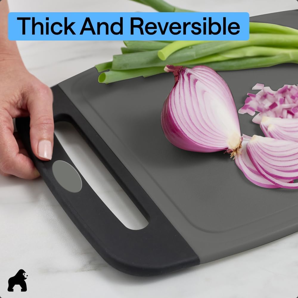 GORILLA GRIP BPA-Free Reversible Kitchen Cutting Board Set of 3, US Designed, Nonporous, Juice Grooves Catch Liquid, Slip Resistant Border, Dishwasher Safe, Durable Large Food Chopping Boards, Black