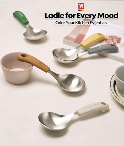 Short Stainless Steel Ladle 220mm (8.6”) – SUS304 Thick Deep Bowl Head with Soft-Grip Silicone Handle – Lightweight Mini Soup & Serving Spoon for Cooking – 5 Color Options (Gray)