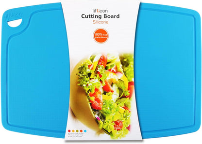Liflicon Thick Cutting Boards for Kitchen Silicone Chopping Board Set of 2 Mid 12.6'' x 9.1”,Mini 9.1”x7.1” Non-slip Deep Drip Juice Groove Easy Grip Handle,Dishwasher Safe-Red