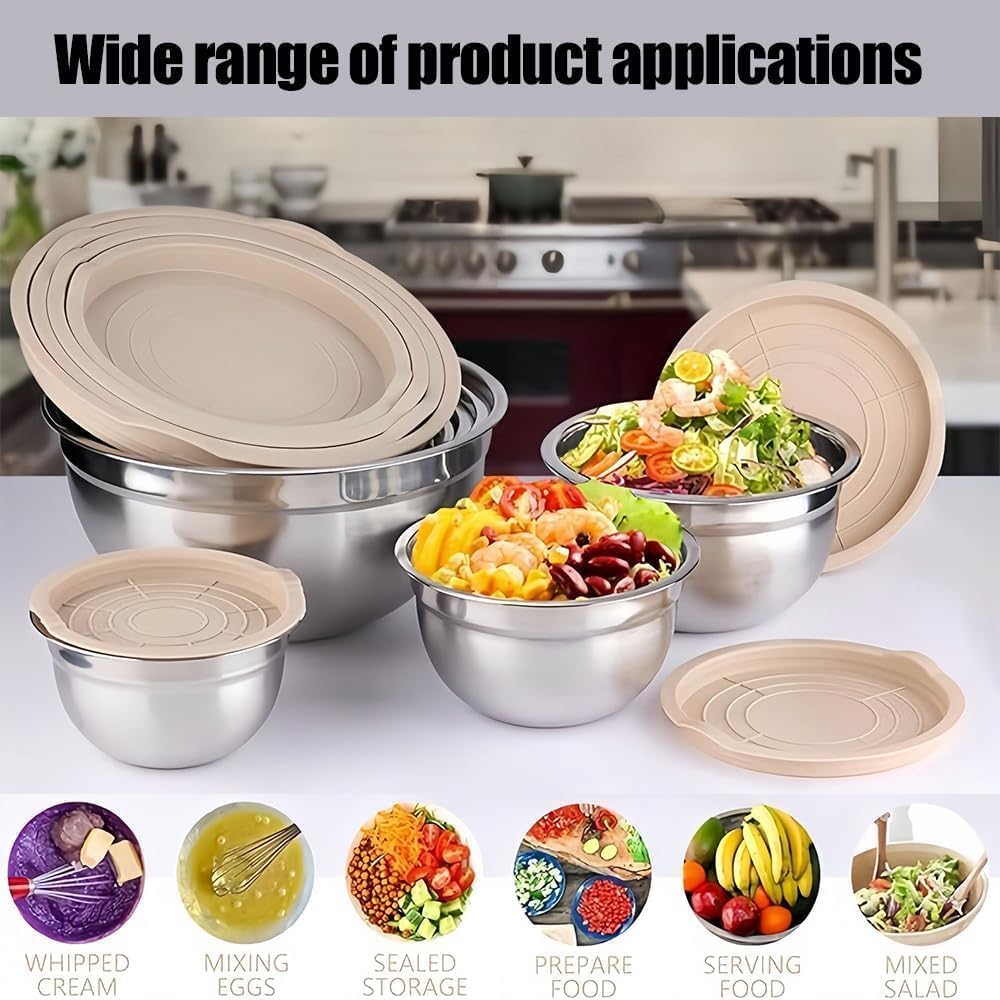 Mixing Bowls with Lids Set, Stainless Steel, 7 Sizes (0.7-4.5QT), with 3 Grater Attachments, Nesting, Dishwasher Safe, for Cooking, Baking and Serving (Khaki-7 Sizes)