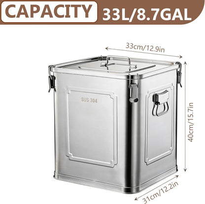 304 Stainless Steel Airtight Storage Container with Locking Clamps, Leak-Proof Square Canister for Dry & Wet Food, Heavy-Duty Storage Bin with Handles for Kitchen and Commercial Use(8.7GAL)