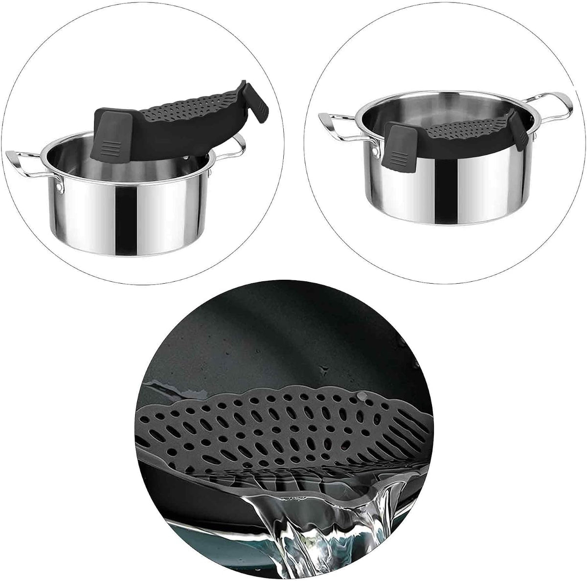 Blue Silicone Clip On Strainer, Universal Pot Colander for Draining Pasta, Vegetables and Kitchen Cooking