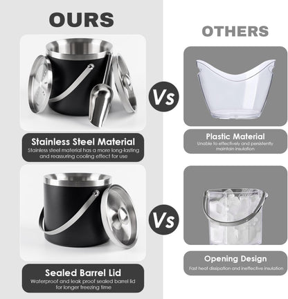 3L beige white Double Wall Insulated Stainless Steel Ice Bucket with scoop for Cocktail Bar,Metal Ice Bucket for freezer with Lid for parties.ice Container to Keep Ice Colder,bar cart accessories