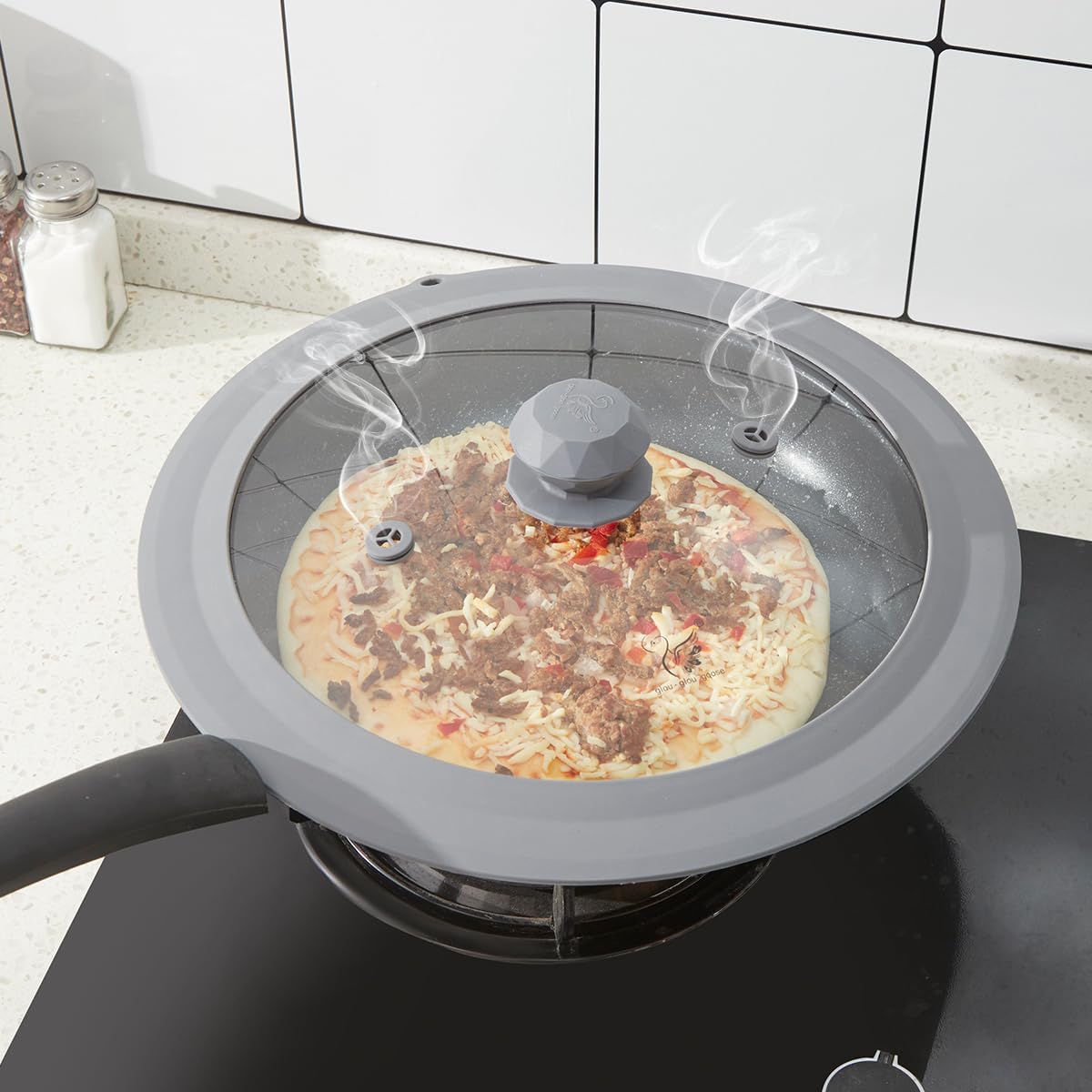 Vented Tempered Glass Universal Lid for Pot Pan Skillet with Heat Resistant Silicone Rim Microwave Splatter Lid Cover Microwave Safe Fit 11.5" 12" 12.5" Cookware, Dishwasher Safe Grey