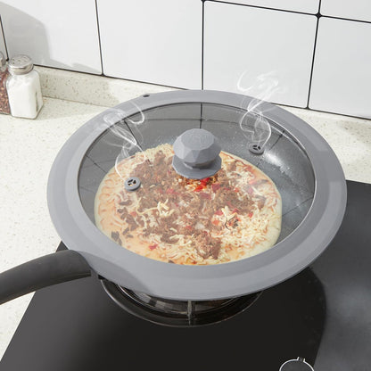 Vented Tempered Glass Universal Lid for Pot Pan Skillet with Heat Resistant Silicone Rim Microwave Splatter Lid Cover Microwave Safe Fit 11.5" 12" 12.5" Cookware, Dishwasher Safe Grey