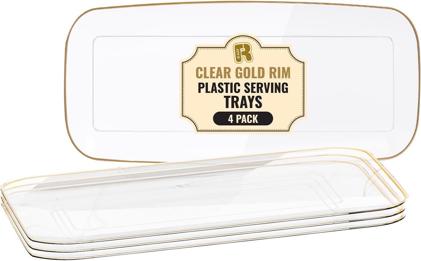 R-kay 4 Pack White Plastic Serving Trays for Party - White Serving Tray 17 by 6.5 in - Rectangular Heavy Duty Dessert Trays for Food