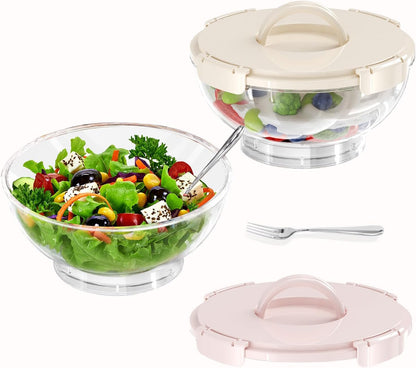 MANO 2pack Large Iced Salad Bowl with Lid and Utensils to Go Ice Chilled Food Serving Containers with Handles for Fruit Veggie Storage for Fridge Refrigerator Party Camping, Picnic, Beige