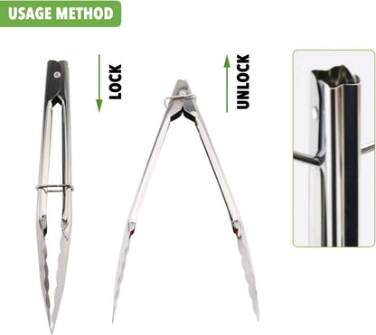 HINMAY Mini Stainless Steel Food Tongs with Silding Rings 7-Inch, Set of 6 | Small Clam Shell Service Tongs for Serving Appetizers, Desserts, Salads, Barbecue and Cooking (Silver)