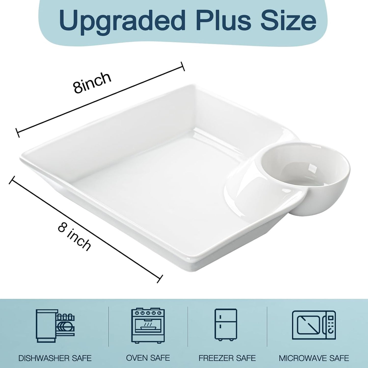 Chip and Dip Serving Platter Set of 4-8 Inch Ceramic Divided Plates with Sauce Compartment, Food-Safe Snack Plate for Dumpling, Sushi, Appetizer, Taco - White