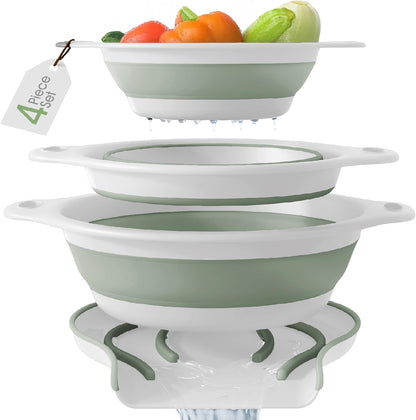 Gevoli 3-Pack Collapsible Colanders with Self-Draining Base, Over Sink-edge Silicone Food Strainers, Small/Med/Large Sizes, Nesting for Easy Compact Storage (3Qt, 4Qt, 5-Quart Set) Green/Gray