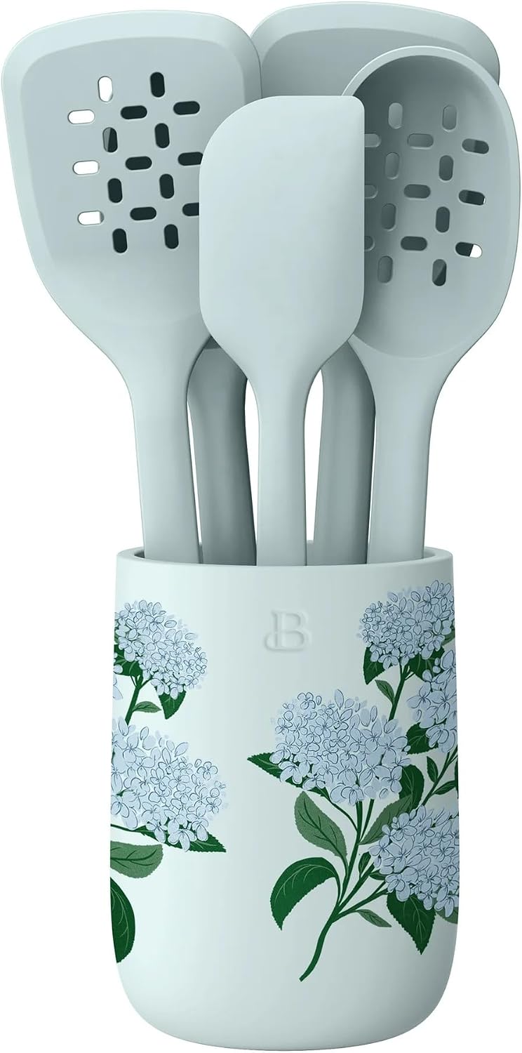 6 Piece Silicone Kitchen Utensil Set with Holder, Heat Resistant Cooking Tools, Nonstick Safe Spatula Spoon Turner Set with Ceramic Storage Crock