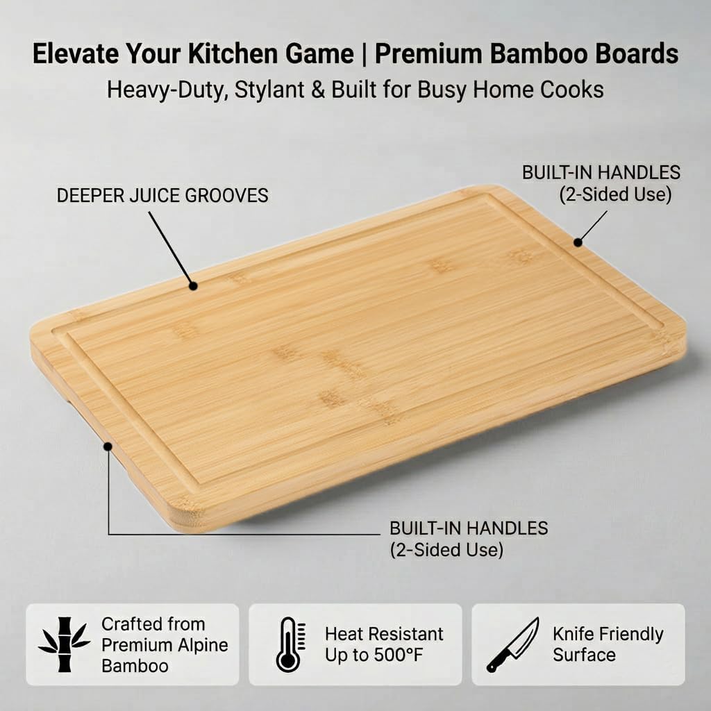 3-Piece Deep Carbonized Bamboo Cutting Board Set with Vertical Drying Stand | Wooden Chopping Boards for Kitchen | Extra Deep Juice Grooves & Easy-Carry Side Handles | Gift-Ready