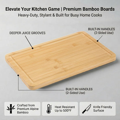 3-Piece Deep Carbonized Bamboo Cutting Board Set with Vertical Drying Stand | Wooden Chopping Boards for Kitchen | Extra Deep Juice Grooves & Easy-Carry Side Handles | Gift-Ready
