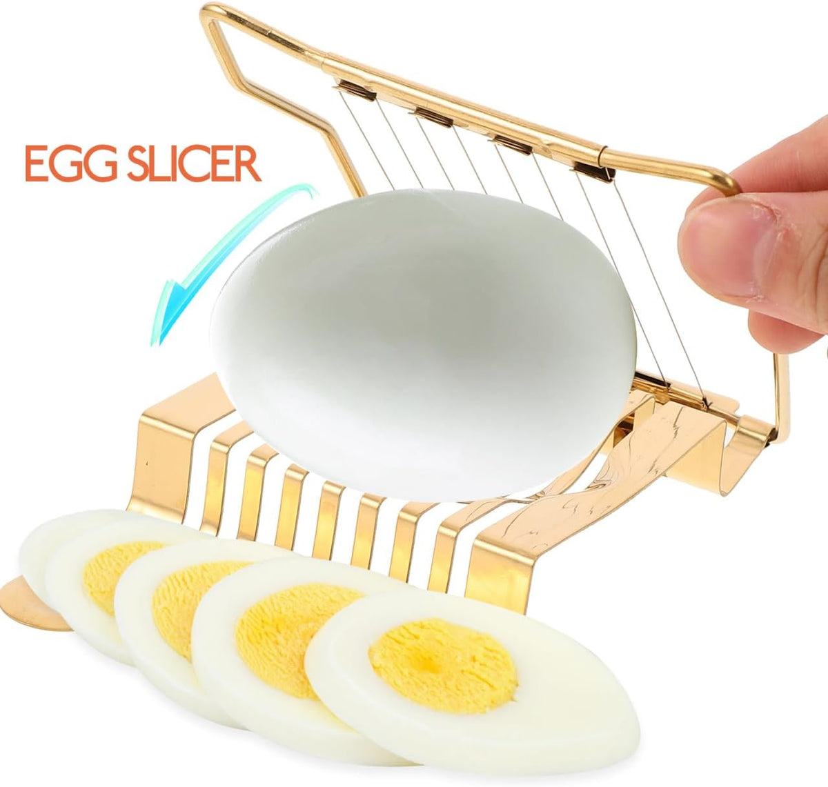 Stainless Steel Egg Slicer for Hard Boiled Eggs: Luxury Golden Metal strawberry Cutter Tool - Heavy Duty Strawberry Slicer & Mushroom Fruit Chopper Kitchen Gadget, Dishwasher Safe, 5.50"x3.65"
