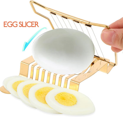 Stainless Steel Egg Slicer for Hard Boiled Eggs: Luxury Golden Metal strawberry Cutter Tool - Heavy Duty Strawberry Slicer & Mushroom Fruit Chopper Kitchen Gadget, Dishwasher Safe, 5.50"x3.65"