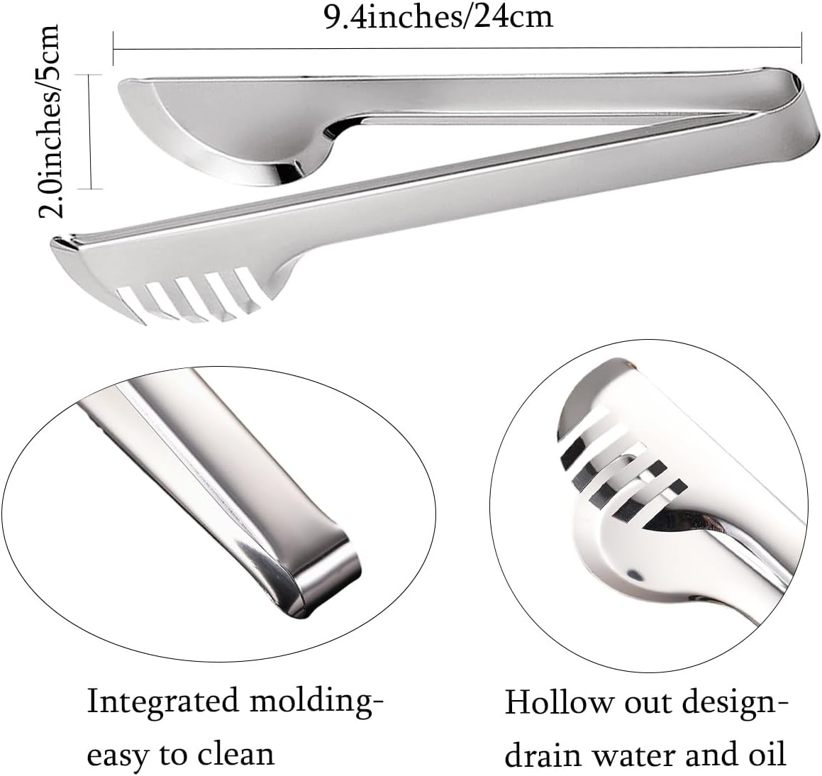 2-Pack Stainless Steel Sliver Salad Tongs, Non-slip & Easy Grip Smart Locking Clip Handy Utensil for Cooking, Serving, Barbecue, Buffet, Salad, Ice, Oven (9.5 Inch)
