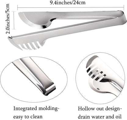 2-Pack Stainless Steel Sliver Salad Tongs, Non-slip & Easy Grip Smart Locking Clip Handy Utensil for Cooking, Serving, Barbecue, Buffet, Salad, Ice, Oven (9.5 Inch)